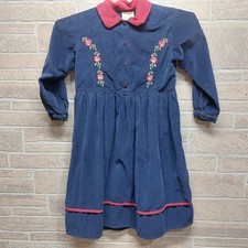 Vtg Laura Ashley Mother Child Blue Corduroy Embroidered Flower Dress Size 7Years
