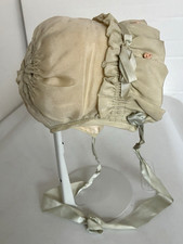 Vintage 1940's Green Crepe Bonnet Hat Silk Lining for Large Size Baby Doll