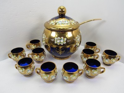 Egermann Bohemian Cobalt Blue Gold Gilt & Enameled Flowers Punch Bowl & 10 Cups
