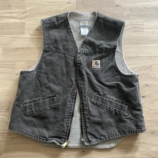 VINTAGE Carhartt Vest Mens L Brown Duck Canvas Sherpa Fleece Lined V13 TMB USA