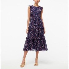 J. CREW Factory Sleeveless Floral Ruffle Tiered Maxi Dress Navy Blue Pink {3F11}