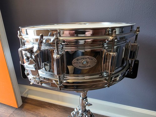 Vintage Rogers Superten 70s 10 lug steel snare drum 5" x 14"