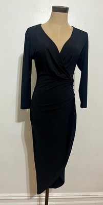 Black Three Quarter Sleeve V-Neck Wrap Dress - Size Small