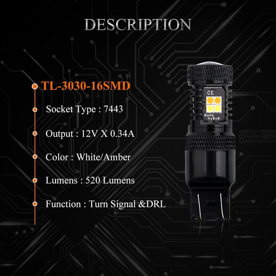 2Pcs White Amber Switchback 7443 7444NA 16SMD 3030 LED Turn Signal Light Bulbs - Image 3 of 4