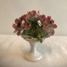 Vintage Ceramic Flower Arrangement in Wicker & Pedestal Base-Italy
