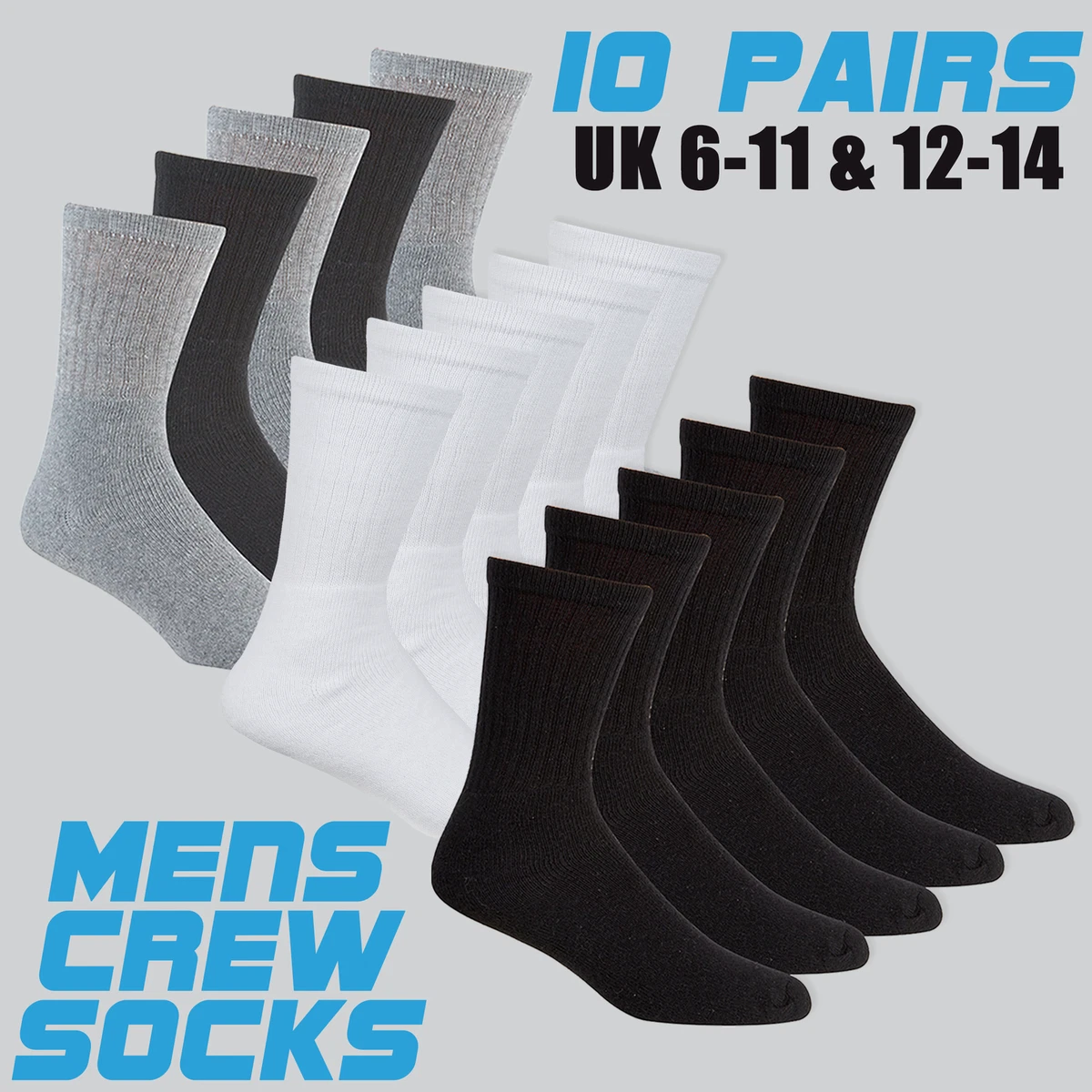 Mens 10 Pairs Sports Socks Cotton Rich Plain Black White Grey Size 6 11 12 14