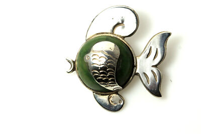 Grande Broche Poisson Argentée Rétro - Cabochon Verre Vert - Bijou Vintage Unique 5878