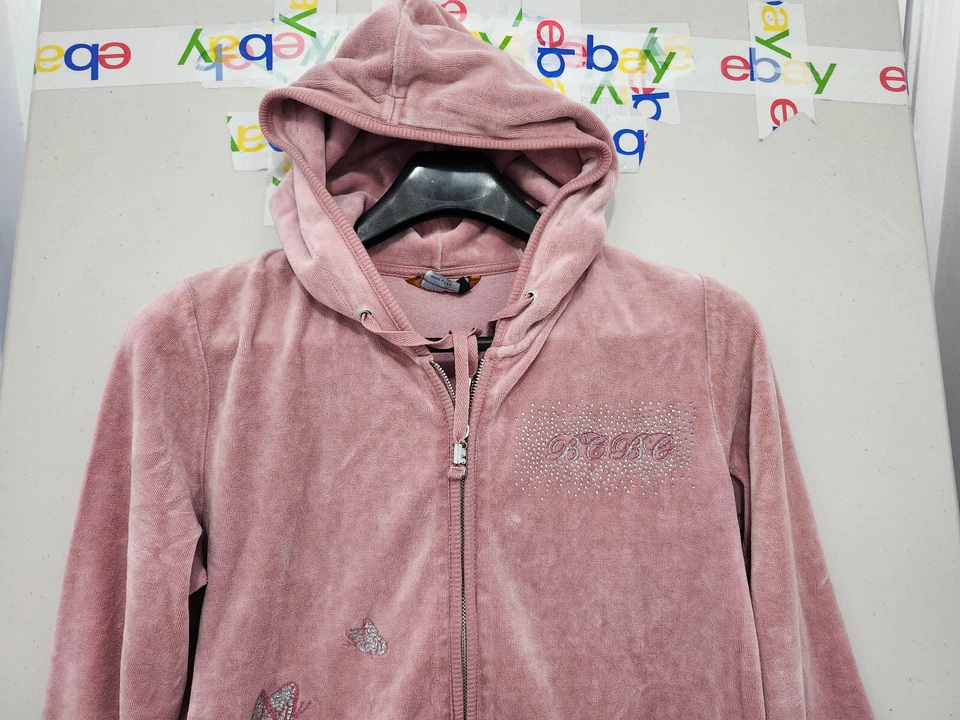 BCBG Max Azria Sudadera Mujer L Rosa Cremallera Sudadera con Capucha Terciopelo Mariposa 2 Lados Y2K Foto 3 de 4
