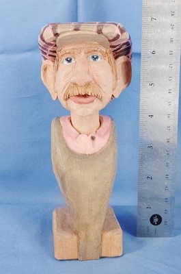 Donna Healy Signed Folk Art Man Newsboy Cap Wood Carving Idaho Carver Approx 7''