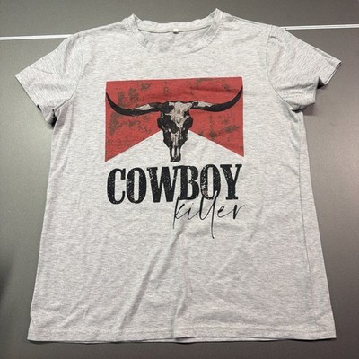Cowboy Killer Graphic T-Shirt Gray Western Bull Skull Short Sleeve Tee Medium