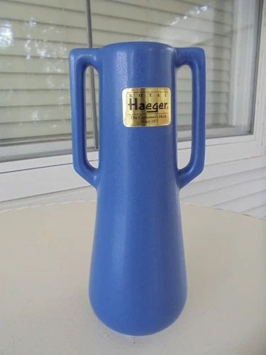 Vintage Haeger Pottery Blue Art Deco Adam Vase Design # 1 w/ Sticker