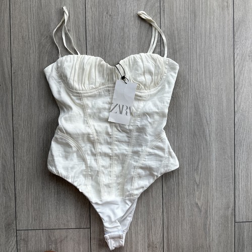 NEW ZARA linen blend Corset Bustier sweetheart ruched Top Ivory/cream - Size XS - Picture 2 of 19