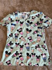 Disney Mock Wrap Scrub Top Minnie Mickey Mouse Ice Cream Summer Stretchy Small