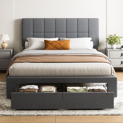 Queen Bed Frame with 2 Storage Drawers, Sturdy & Durable with 12 Support Legs...