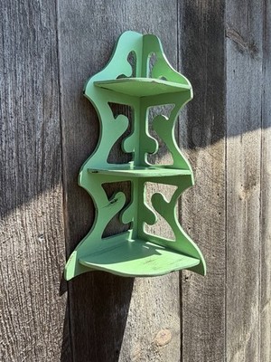 Small Vintage Wooden Corner Display Shelf 3 Tiered Retro Style Wall Mount Green