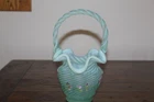 Fenton Seafoam Satin Green Opalescent Swirl HP Floral Basket Beauty & Signed!