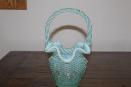 Fenton Seafoam Satin Green Opalescent Swirl HP Floral Basket Beauty & Signed!