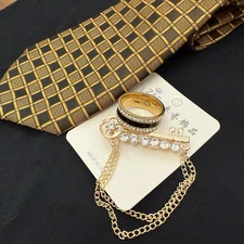 Barry Wang Black & Gold Checkered Men's Silk Tie Set with Pin Brooch and Ring