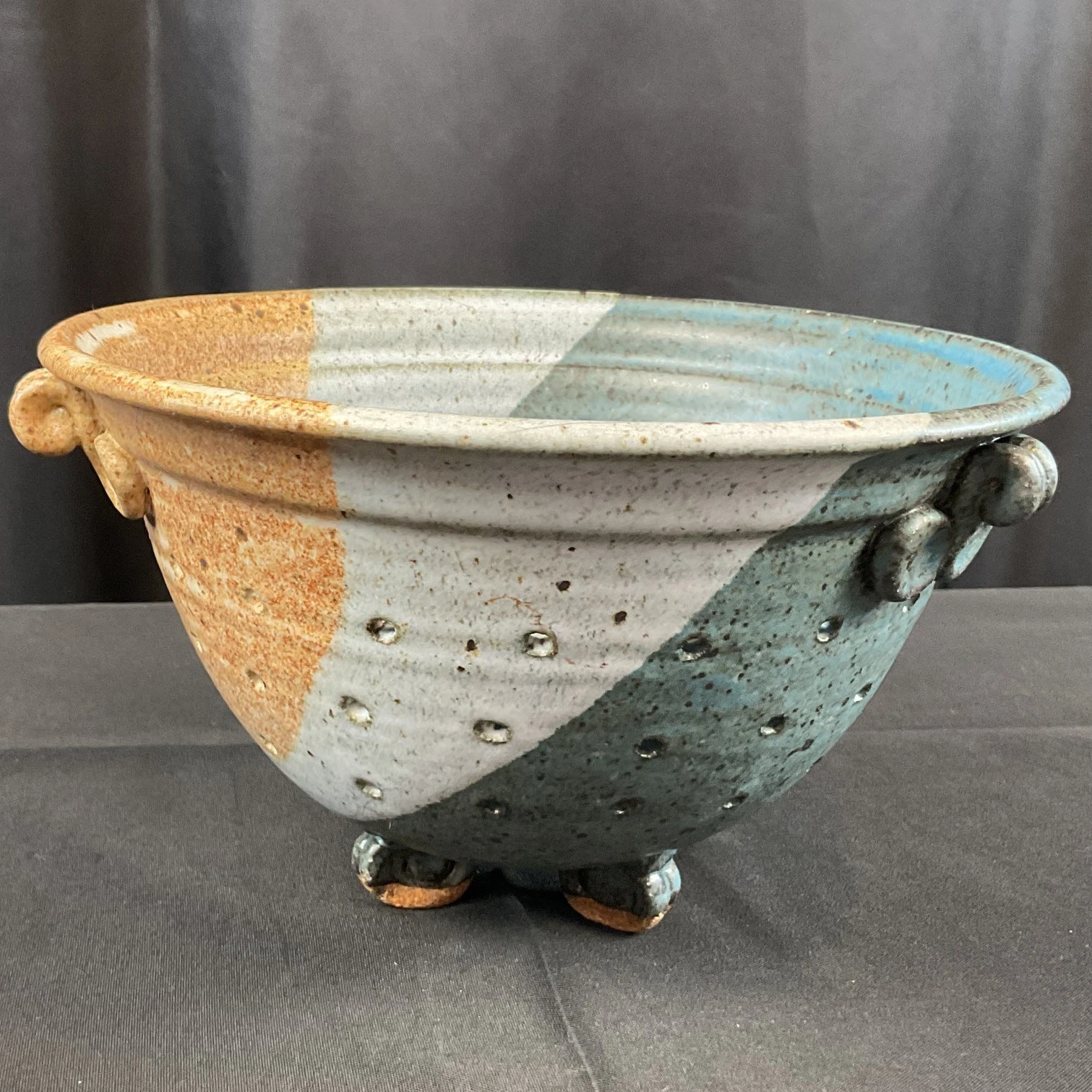 Hand Made Art Pottery Colander Strainer Applied Feet Handles Primitive Farmhouse