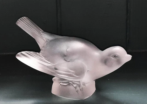 Exquisite Vintage Lalique Frosted Sparrow with Wings Up Paperweight - Signed