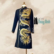 Black Ao Dai for men, Hand Painted Vietnamese Traditional Long Dress for Men 103