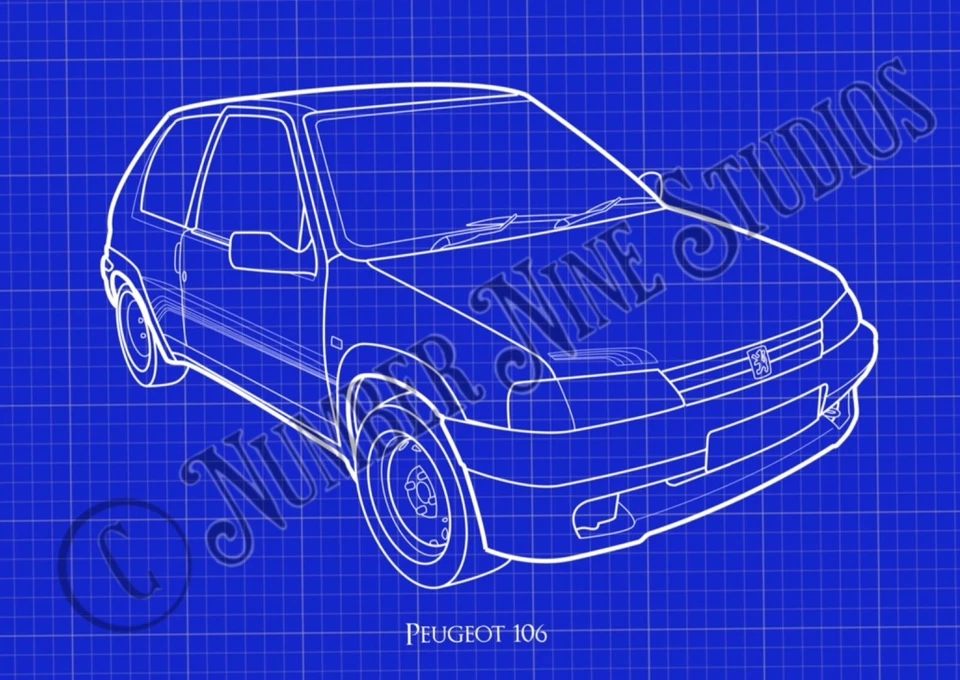 Ilustración Peugeot 106 GTi BLUEPRINT, alta calidad, firmada por artista. Limited Foto 2 de 4