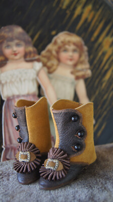 Doll shoes ''Brown bow'' for antique doll 2.55inch (65mm)