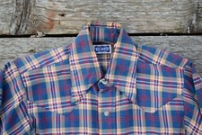 1960s Big Smith Men's S Sanforized Union Made Blue Plaid Western Snap Shirt