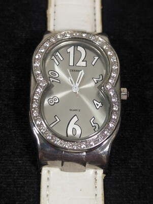 Bijoux Terner Womans Silver Tone Crystal Accent White Leather Band Watch 8 Inch