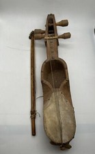 Vintage Nepali Wood Hand Carved Sarangi Folk Music Instrument With Bow Decor
