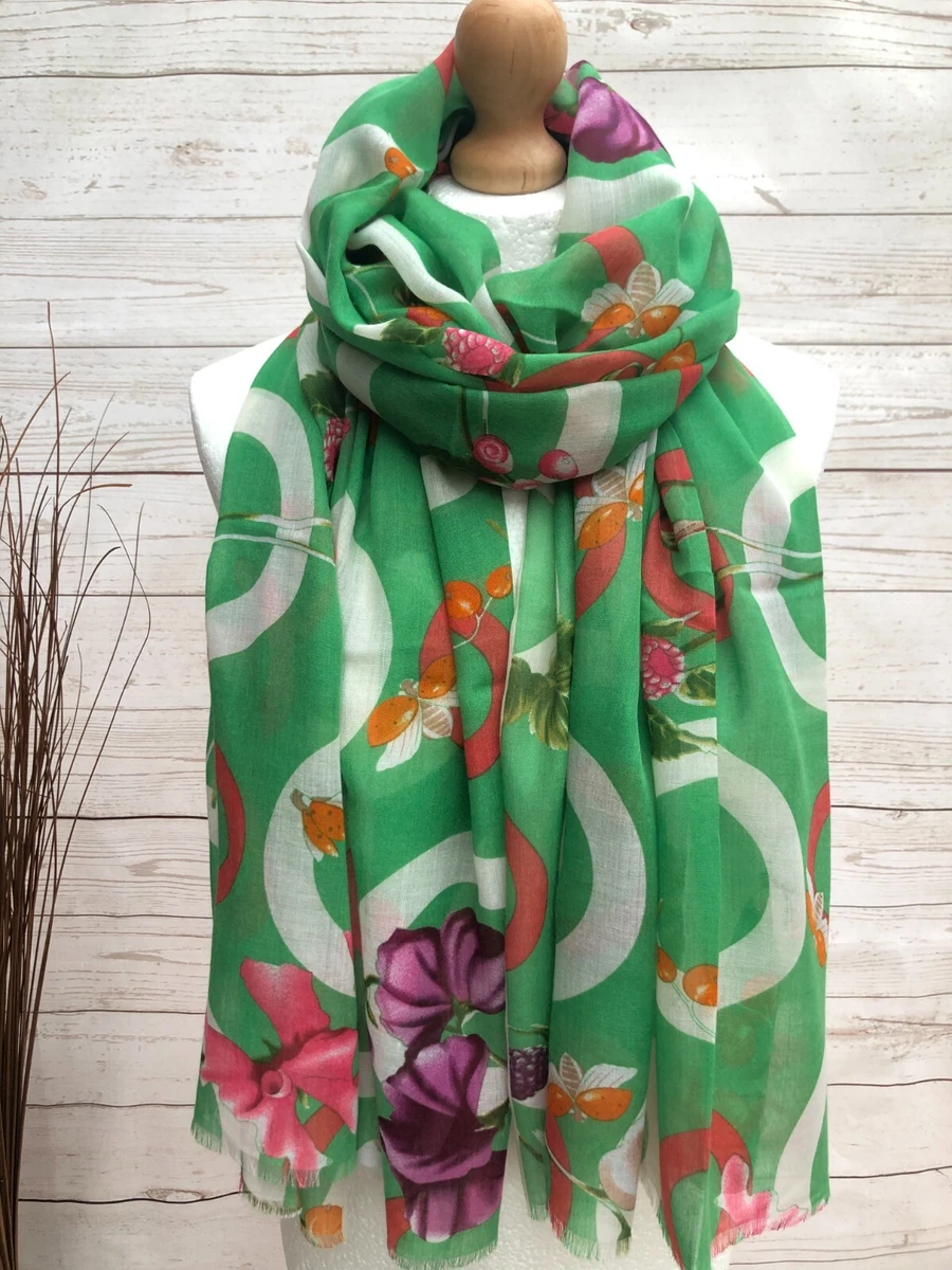 Ladies Colourful Flower Berries Hoop Print GREEN Fashion Scarf