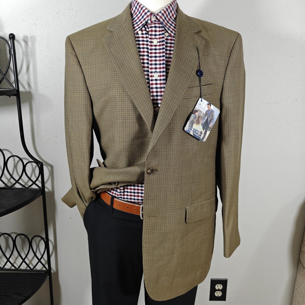 Stafford Men's Sport Coat Blazer Two Button Brown Houndstooth Poly Wool 42L  NEW