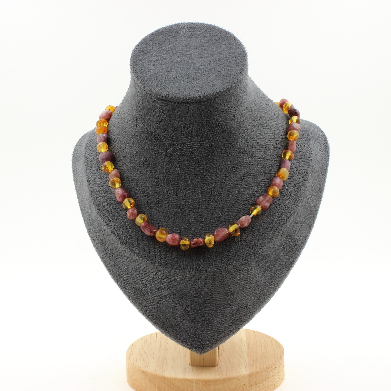 Collier ambre de la mer Baltique et rubis véritable pour femme en acier