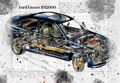 Line Tech Zeichnung Ford Escort RS2000 Auto Car Classic Cutaway Kunst Poster Druck