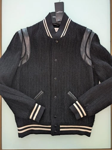 Saint Laurent Paris Wool Teddy Jacket Black Leather Trim Size 48 YSL Varsity - product listing photo