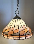 Tiffany‑Style Arts Crafts Leaded 17" Stained Slag Glass Hanging Light-Vtg 1970s