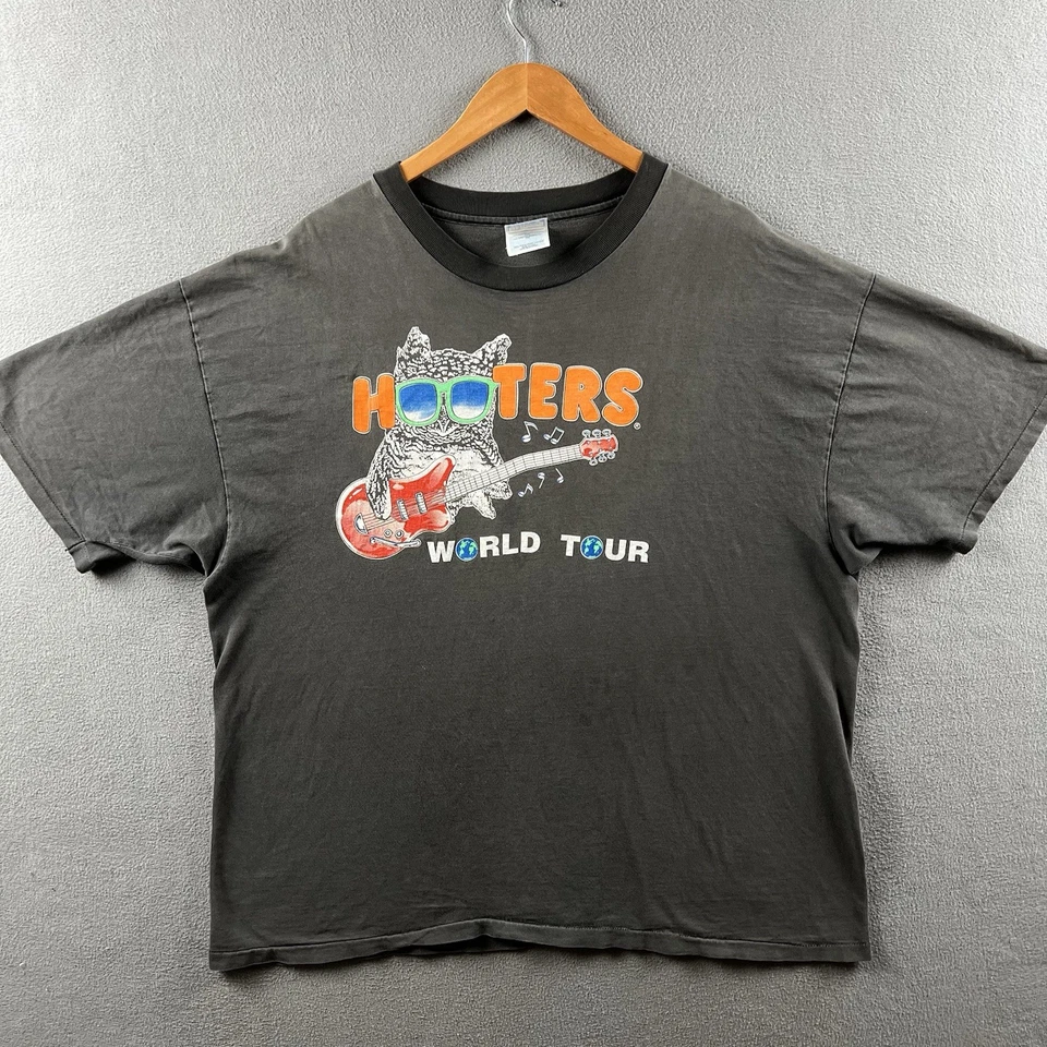 Camisa Hooters De Colección Para Hombres 2XL Negra Desteñida Puntada Única Años 90 Gira Mundial EE. UU. RARA Foto 2 de 4