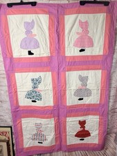 Vintage QUILT Sunbonnet Sue Pink Purple Handmade Quilt Baby 40" X 60" ADORBS 