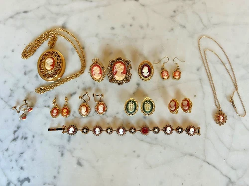 Vintage Cameo Costume Jewelry Lot Brooch~Necklace~Earrings~Locket~Bracelet 12 PC