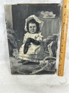 antique painting oil /canvas 7x10x1 primitive girl sewing w/cat & basket 1800s