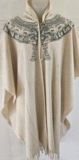Vintage Cream Wool Mayan Calendar Winter Cape Poncho Wrap Boho Fringe Shawl LKNU