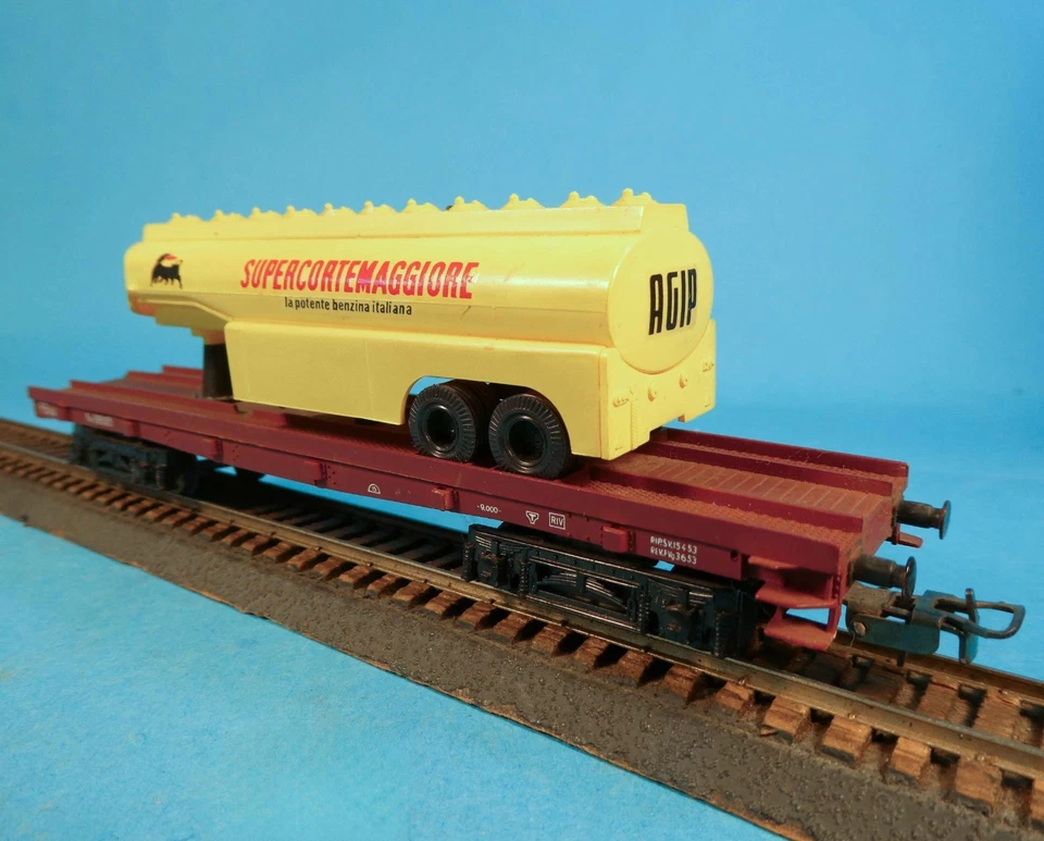 RIVAROSSI HO C Poz/AB FLAT CAR w SUPERCORTEMAGGIORE SEMI TRAILER - FS AGIP-1959 - Image 2 of 4