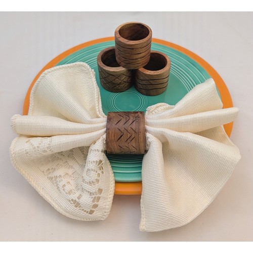 Sembla Wooden Napkin Rings Set of 4 Handmade India Carved Wood Table Decor NEW