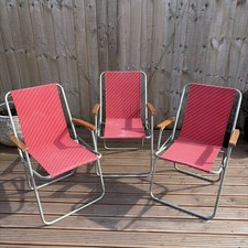 Set x3 1980s Vintage RED WHITE PIN STRIP Folding Deck Chairs Camping Camper VW
