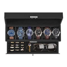 6-Slot Watch Box Lockable Watch Case with Glass Lid 2 Layers with 1 Drawer fo...