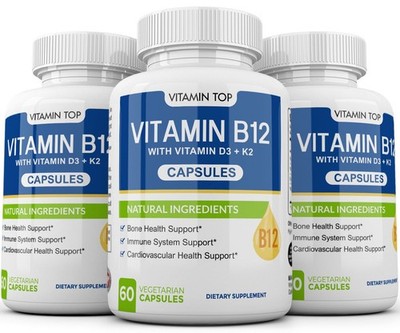 Vitamin B12 5000 mcg per Serving Organic Cyanocobalamin D3 K2 180 Cap 3 Bottles