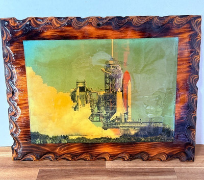 Vintage Space Shuttle Launch Print Rustic Carved Wood Frame NASA Style Art