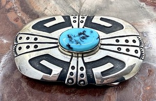 Navajo Tommy Singer Vintage Sterling Silver Belt Buckle Overlay Turquoise