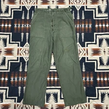 Vintage 70s Military OG-107 Pants Green Sateen Vietnam Era Trousers 32X32 button