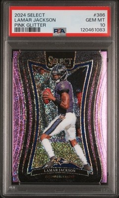 2024 PANINI SELECT PINK GLITTER LAMAR JACKSON Suite LEVEL /15 PSA 10 (POP 3)